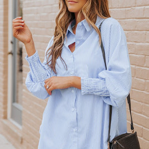 Smocked Cuffed Striped Boyfriend Shirt with Pocket, 2 colors