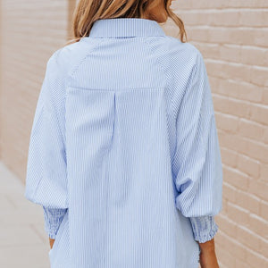 Smocked Cuffed Striped Boyfriend Shirt with Pocket, 2 colors