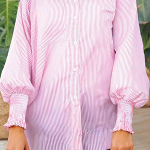 Smocked Cuffed Striped Boyfriend Shirt with Pocket, 2 colors