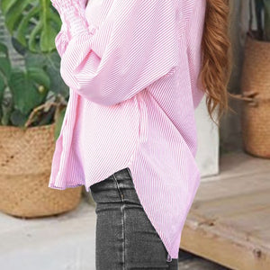 Smocked Cuffed Striped Boyfriend Shirt with Pocket, 2 colors