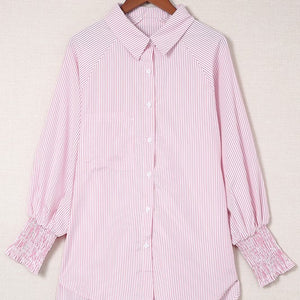 Smocked Cuffed Striped Boyfriend Shirt with Pocket, 2 colors