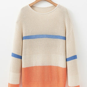 Beige Colorblock Striped Cozy Sweater