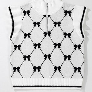 Bow Checkered Zipped Collar Sweater