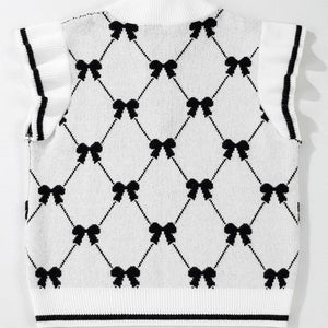 Bow Checkered Zipped Collar Sweater