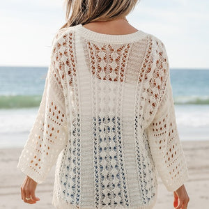 Cream Hollow Out Knit Bracelet Sleeve Sweater