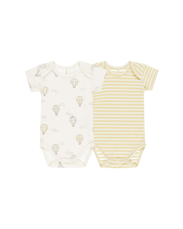 QM 2-pack onesie hot air balloons & yellow stripe