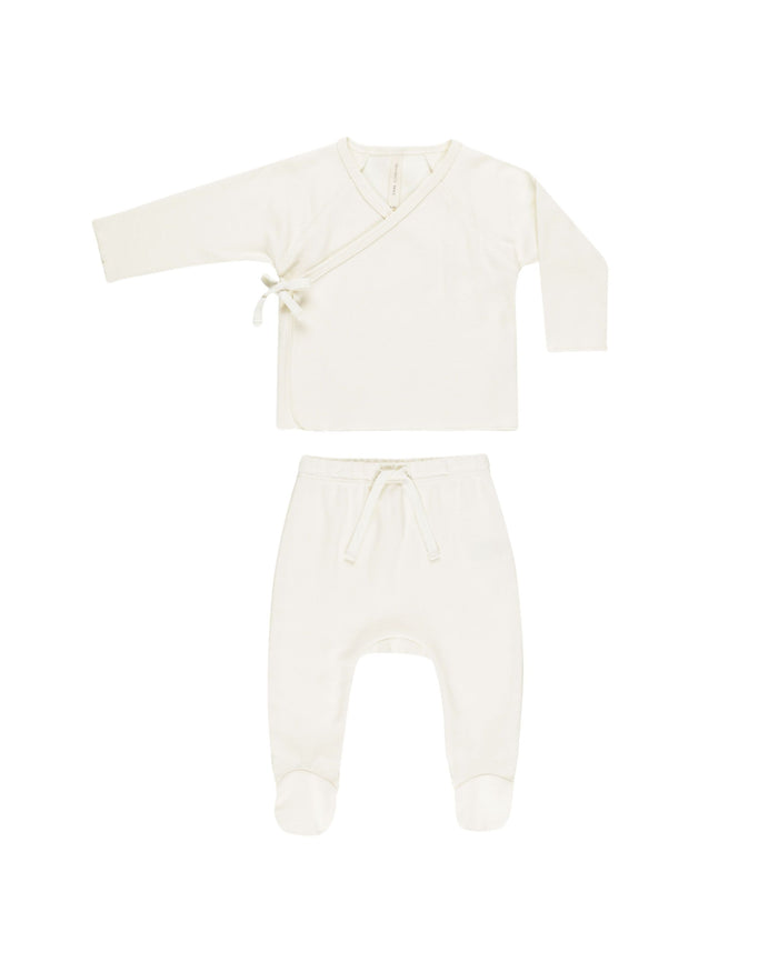 QM ivory wrapped top and footed bottom set with hat