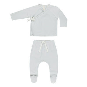 QM sky pin stripe wrap top and footed pant set with hat