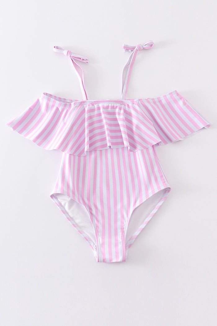 Girl pink stripe one piece swimsuit