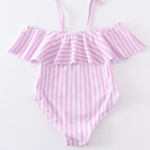 Girl pink stripe one piece swimsuit