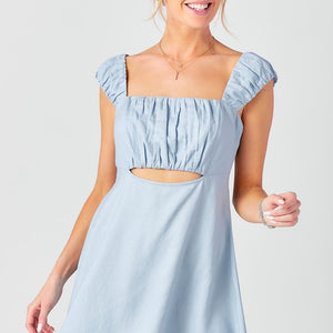 Blue Gathered Sleeve and Bust Tie Back Dress