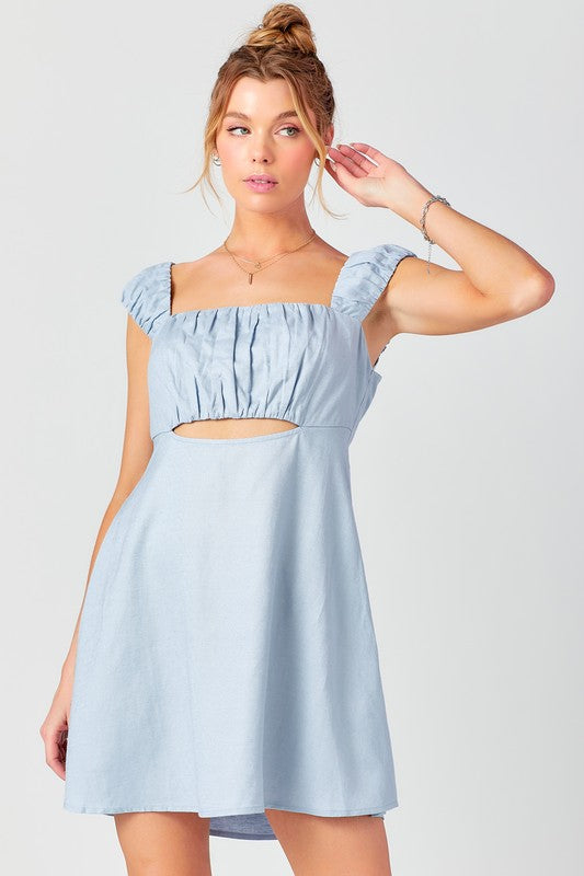 Blue Gathered Sleeve and Bust Tie Back Dress