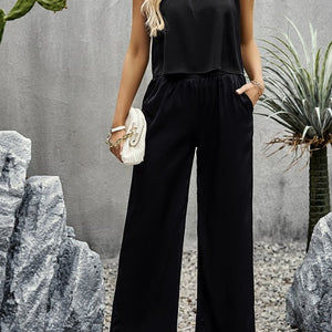 Black Two Pieces Sleeveless Solid Wide Leg Sets