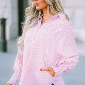 Pink Smocked Cuffed Striped Boyfriend Shirt with Pocket