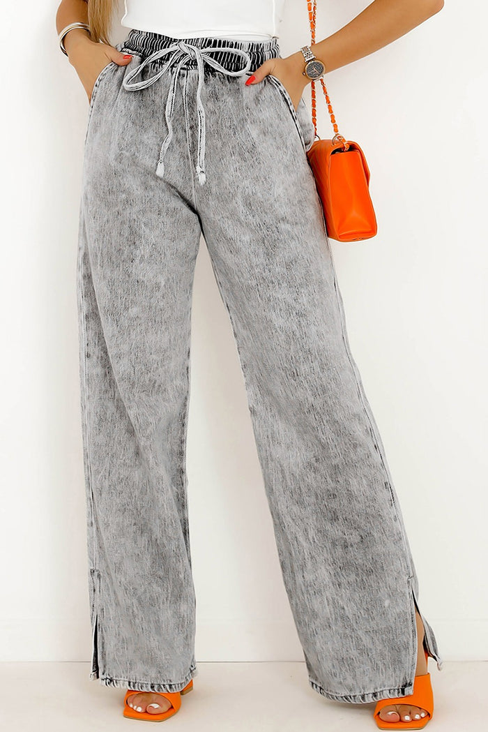 Grey Drawstring Wide Leg Jeans