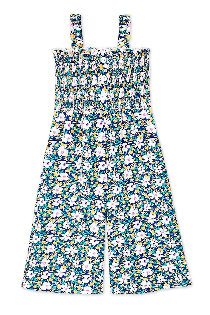 Navy Floral Romper w/ Smocking Top & Side Pockets