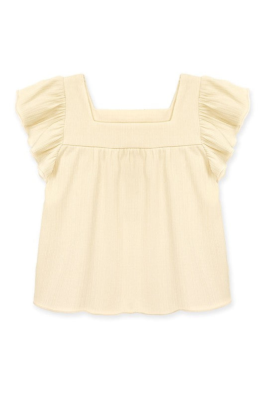 Cream Girls Top W/ Square Neck & Ruffle Sleeve