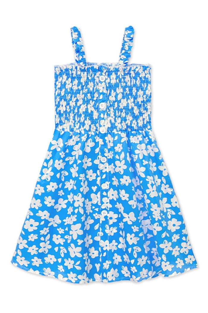 Blue Girl's Floral Maxi Dress w/ Smocking & Button Detail