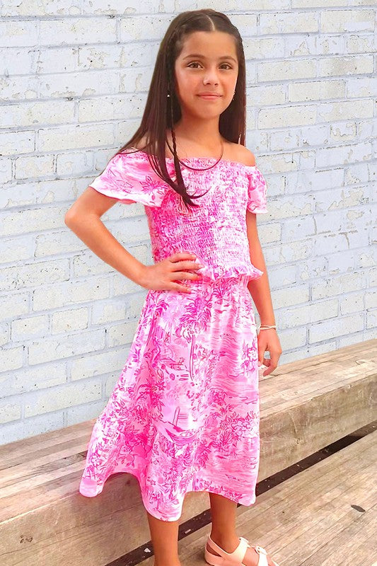 Pink Girl's 2 pc Skirt Set W/ Smocking & Ruffle Sleeve