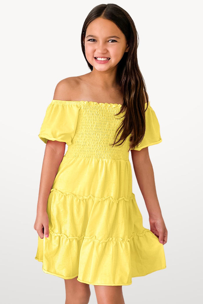 Yellow girls Smocked Top Dress w/ 3-Tiers Flair