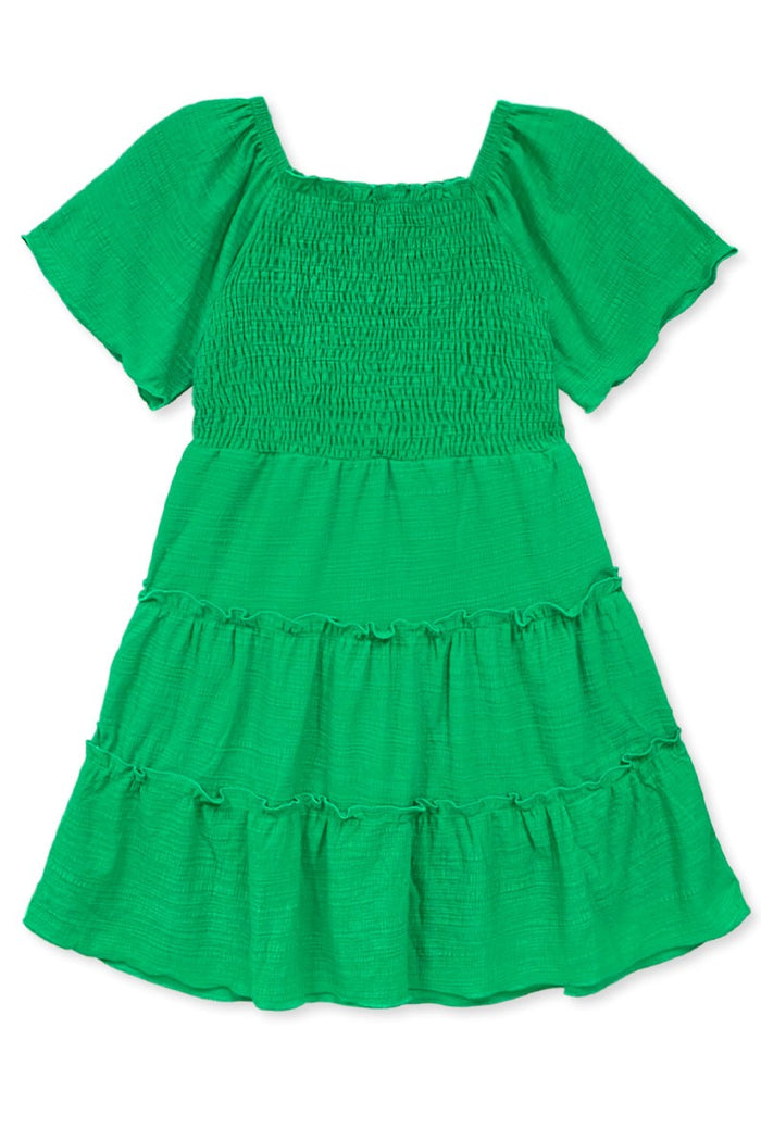Green Girl's Stretch Flare Dress W/ Smocking  & 3-Tiers Ruffle