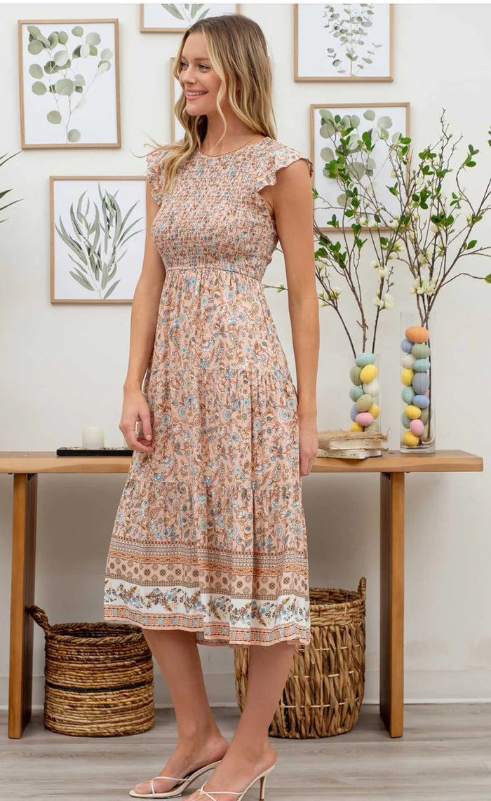 Smocked Floral Print Midi Dress