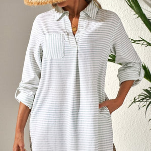Sage Striped Collared Chest Pocket Long Sleeve Tunic