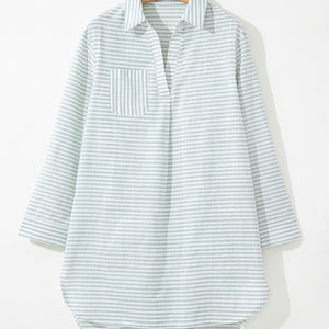 Sage Striped Collared Chest Pocket Long Sleeve Tunic