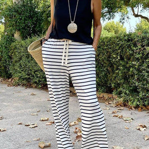 White Drawstring Striped Wide Leg Pants