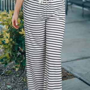 White Drawstring Striped Wide Leg Pants