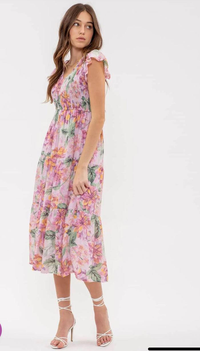 Pink multi floral pleated midi dress