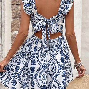 Floral Print Ruffled Tied Backless A-line Mini Dress