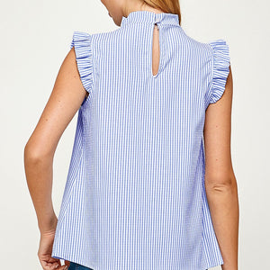 Blue Ruffled neckline and sleeve top