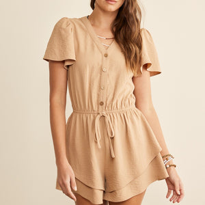 TAUPE LAYERED RUFFLE BOTTOM ROMPER