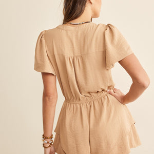 TAUPE LAYERED RUFFLE BOTTOM ROMPER