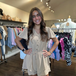 TAUPE LAYERED RUFFLE BOTTOM ROMPER