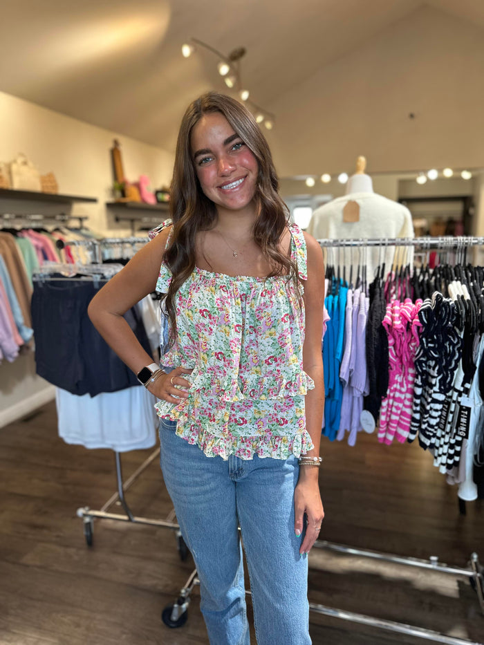 Floral flowy tank with tie straps