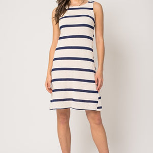 NAVY/CREAM SLEEVELESS STRIPED MINI DRESS