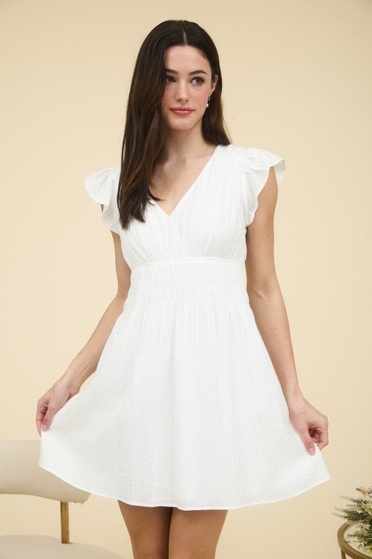 White V Neck Ruffle Sleeve Dress