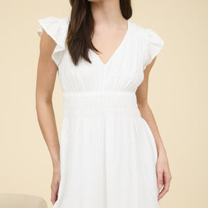 White V Neck Ruffle Sleeve Dress