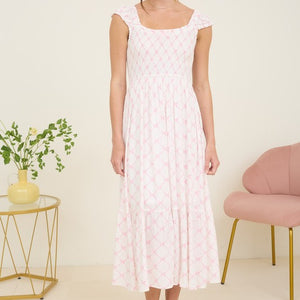 Pink Bow Pattern Ruched Sleeve Smocked Midi Dress