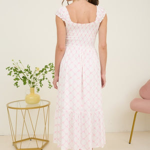 Pink Bow Pattern Ruched Sleeve Smocked Midi Dress