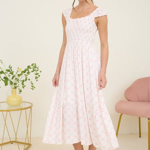 Pink Bow Pattern Ruched Sleeve Smocked Midi Dress