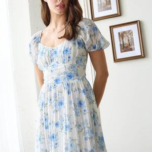 Blue Floral Corset Detail Back Tie Mini Dress