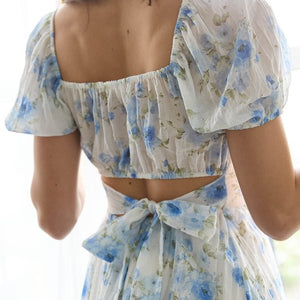 Blue Floral Corset Detail Back Tie Mini Dress