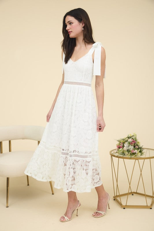 White Lace Tie Strap Sheer Trim Sleeveless Midi Dress