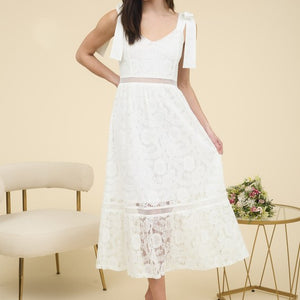 White Lace Tie Strap Sheer Trim Sleeveless Midi Dress