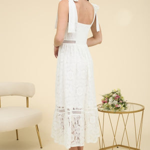 White Lace Tie Strap Sheer Trim Sleeveless Midi Dress
