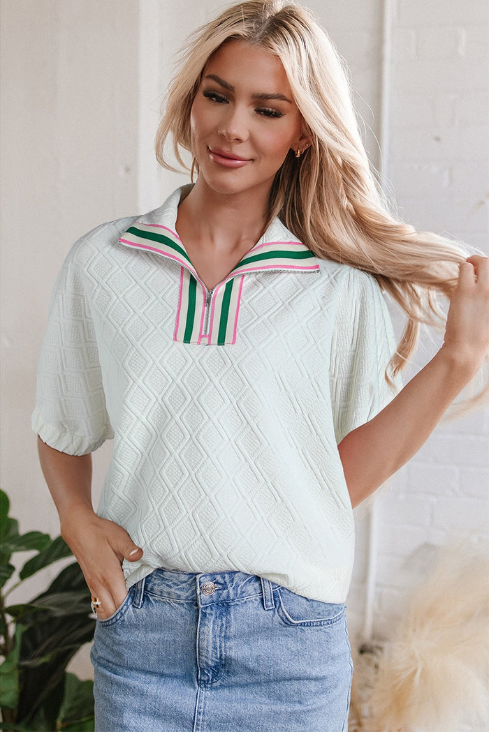 Zipper Textured Pop Of Color Neckline Blouse