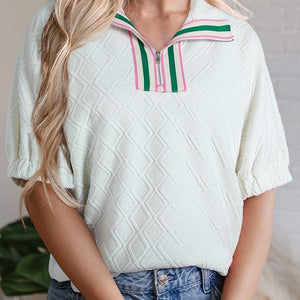 Zipper Textured Pop Of Color Neckline Blouse